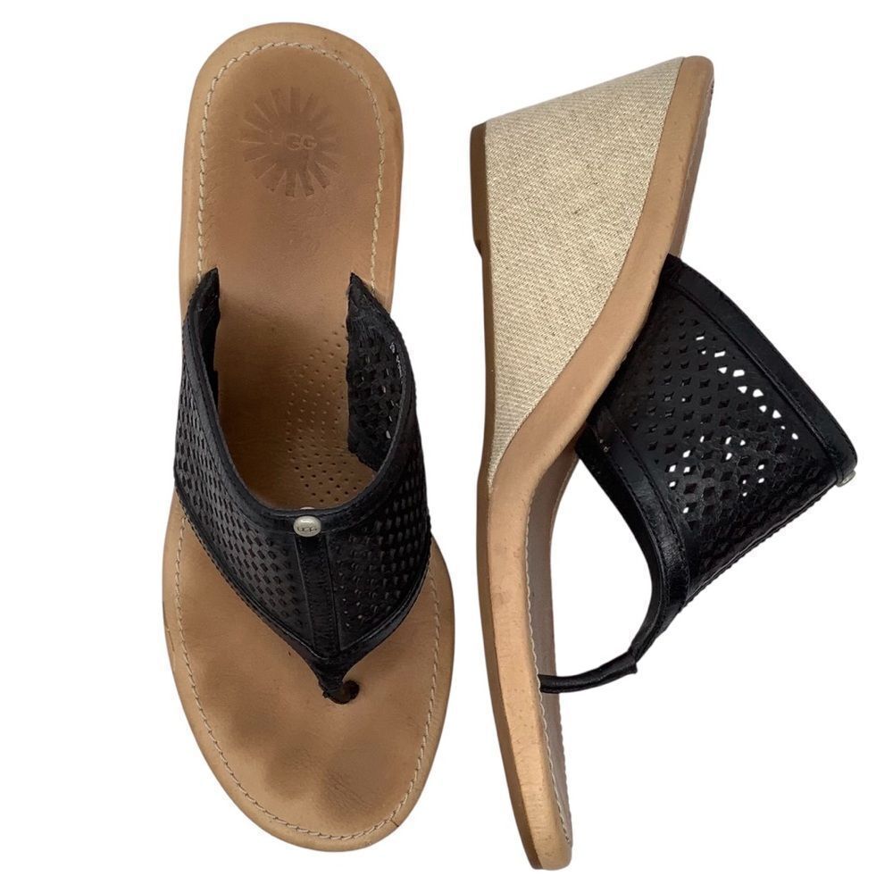 UGG AUSTRALIA SOLENA BLACK LEATHER CUT OUT WEDGE WOMEN'S THONG SANDALS SZ 9W